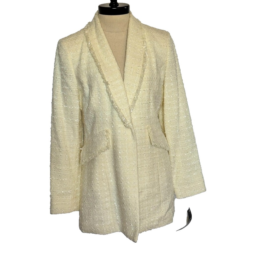 Le Suit Tweed Blazer Vanilla Cream Sparkle Shawl Collar Fringe Jacket Size 6 NEW